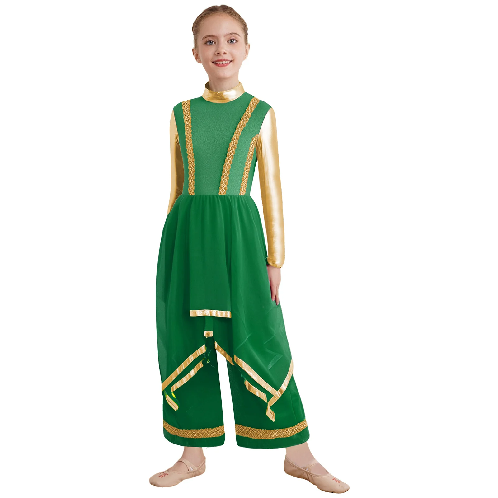 Kids Girls Worship Liturgical Praise Dance Dress Long Sleeve Gold Trim Metallic Color Block Irregular Hem Wide-Leg Pants Dress