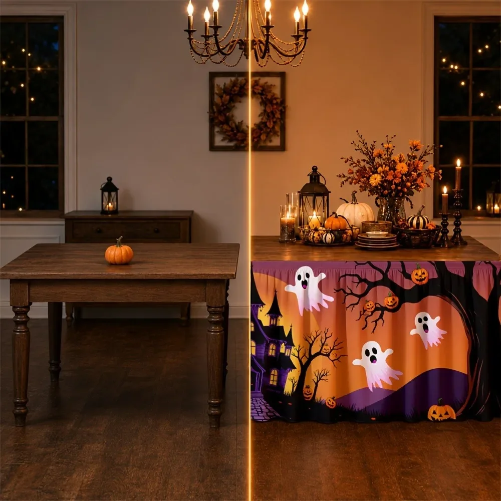 1pc Party Table Skirt - Halloween Haunted House Tablecloth - Pumpkin Autumn Night Thrilling Celebration Party