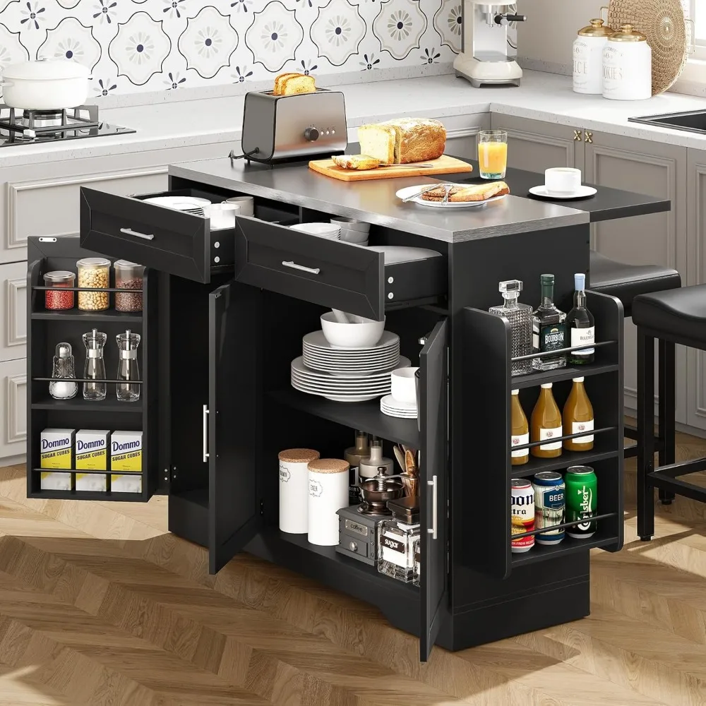 جزيرة مطبخ Concho مقاس 56 بوصة مع جلوس وسطح من الفولاذ المقاوم للصدأ، جزيرة مطبخ متنقلة مع أوراق قطرة قابلة للطي