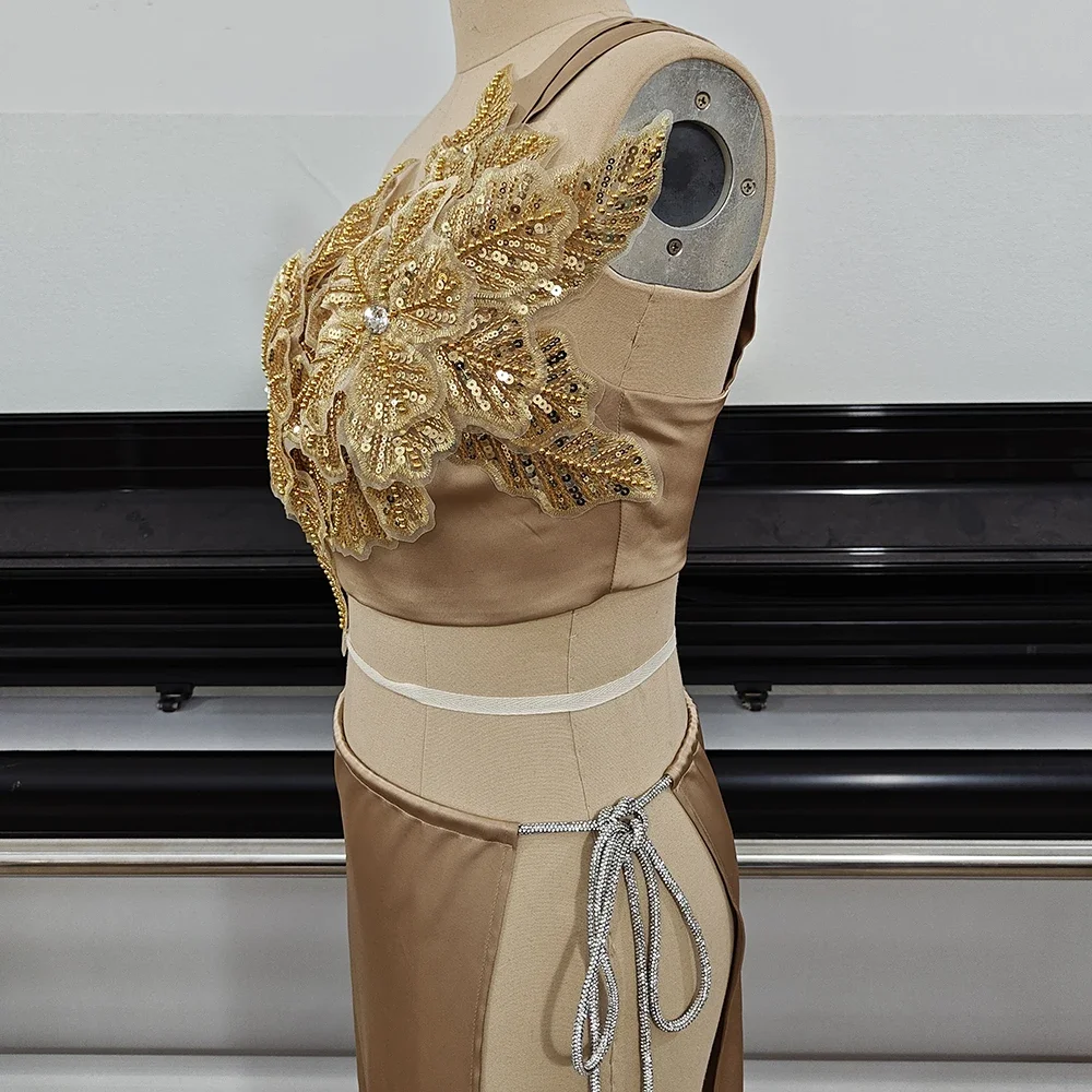 Luxury Elegant Champagne Gold Two Piece Dress One Shoulder Sequin Beaded High Slit Prom Dresses Sexy Evening Gowns Party Club
