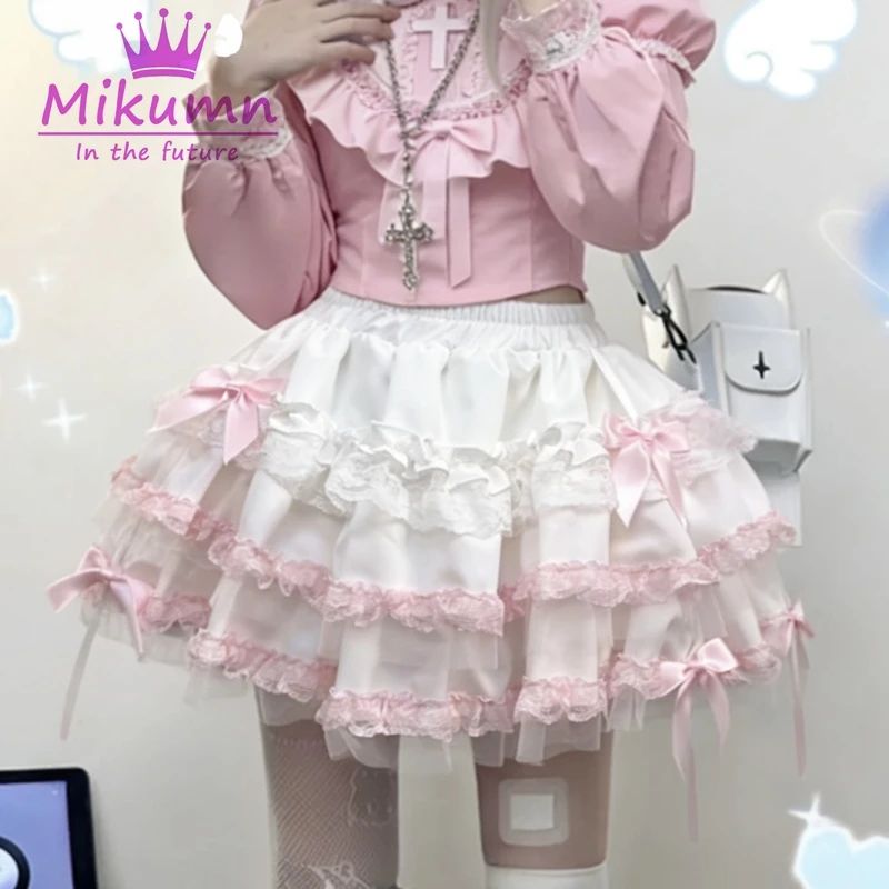 

Юбка Mikumn Harajuku Y2K Kawaii Lolita для женщин, японская милая юбка с бантом, рюшами и плиссировкой, юбка-тортик с шортами, женская летняя мини-юбка