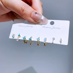 4pcs Tiny Blue Stone Earrings Set for Women Girls Gold Color Plated Cubic Zircon Ear Accessories