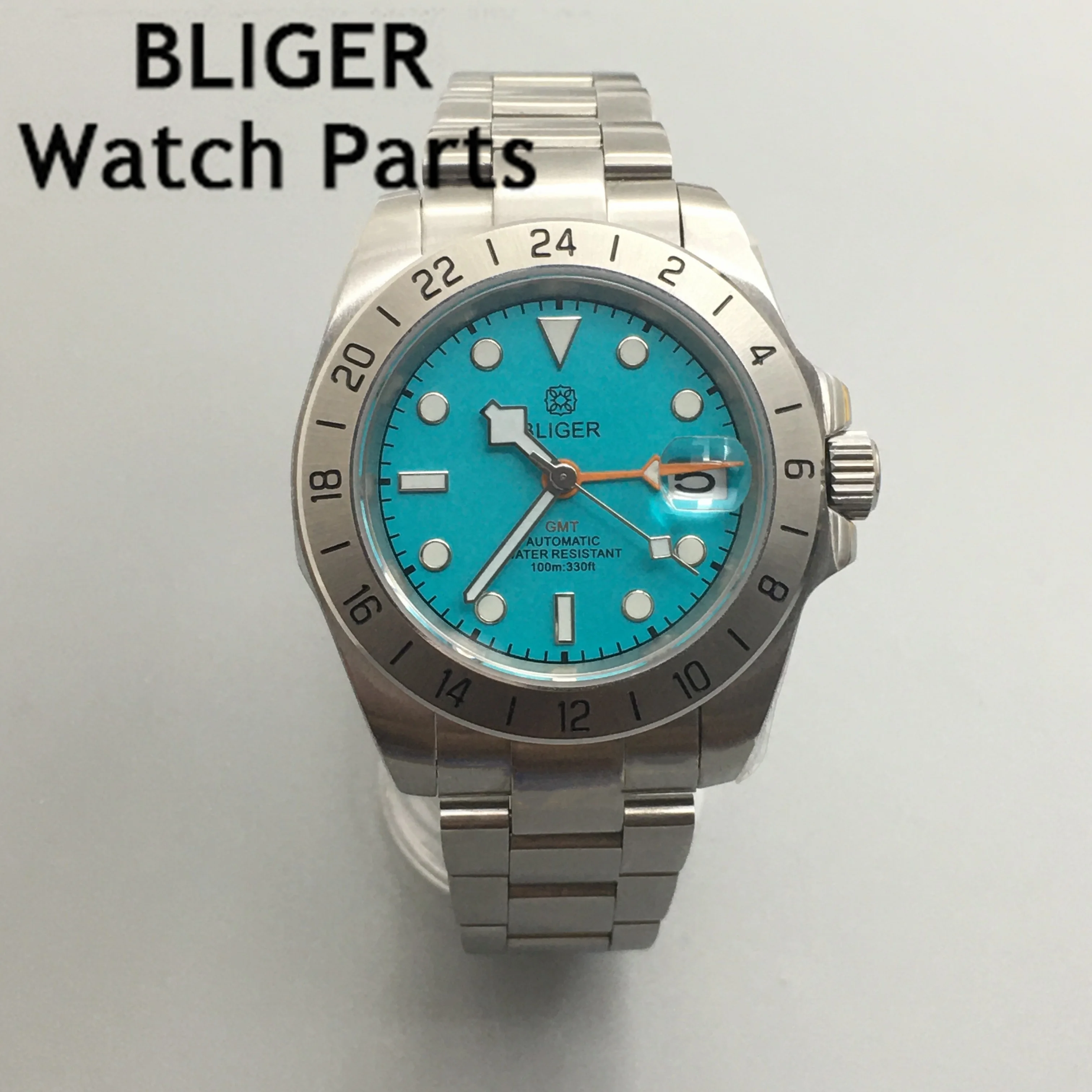 BLIGER NH34 GMT Mens Watch Automatic Blue Dial Luminous Sapphire Glass Stainless Steel Oyster Strap