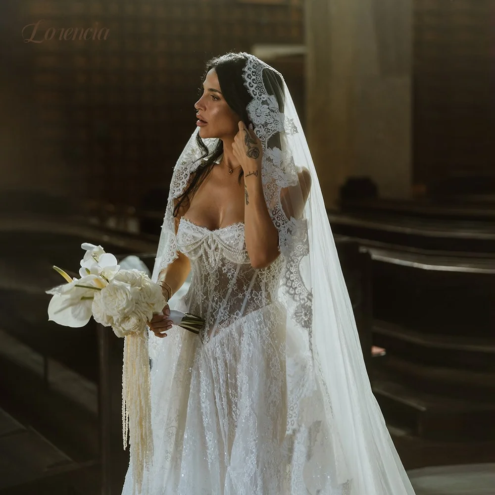 Lorencia Luxuriöse schulterfreie Brautkleider mit langen Ärmeln, Spitze, Perlen, Halsband, Korsett, A-Linie, Brautkleider nach Maß