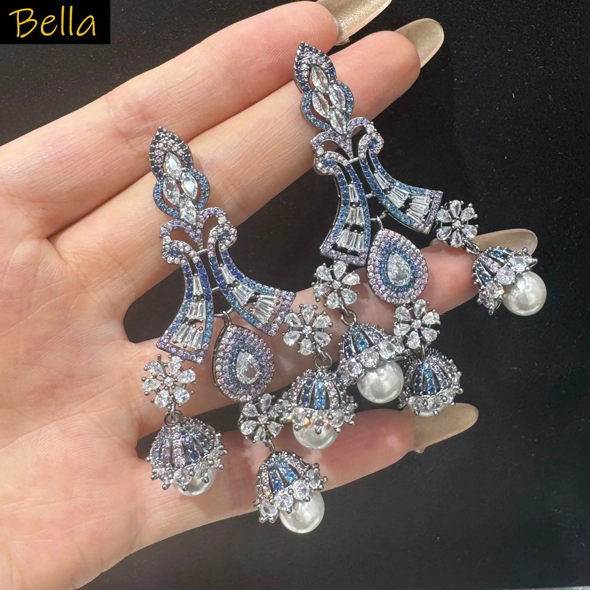 large luxury earrings women wedding bride jewelry silver color white blue pink zirconia dangling earrings sparkly
