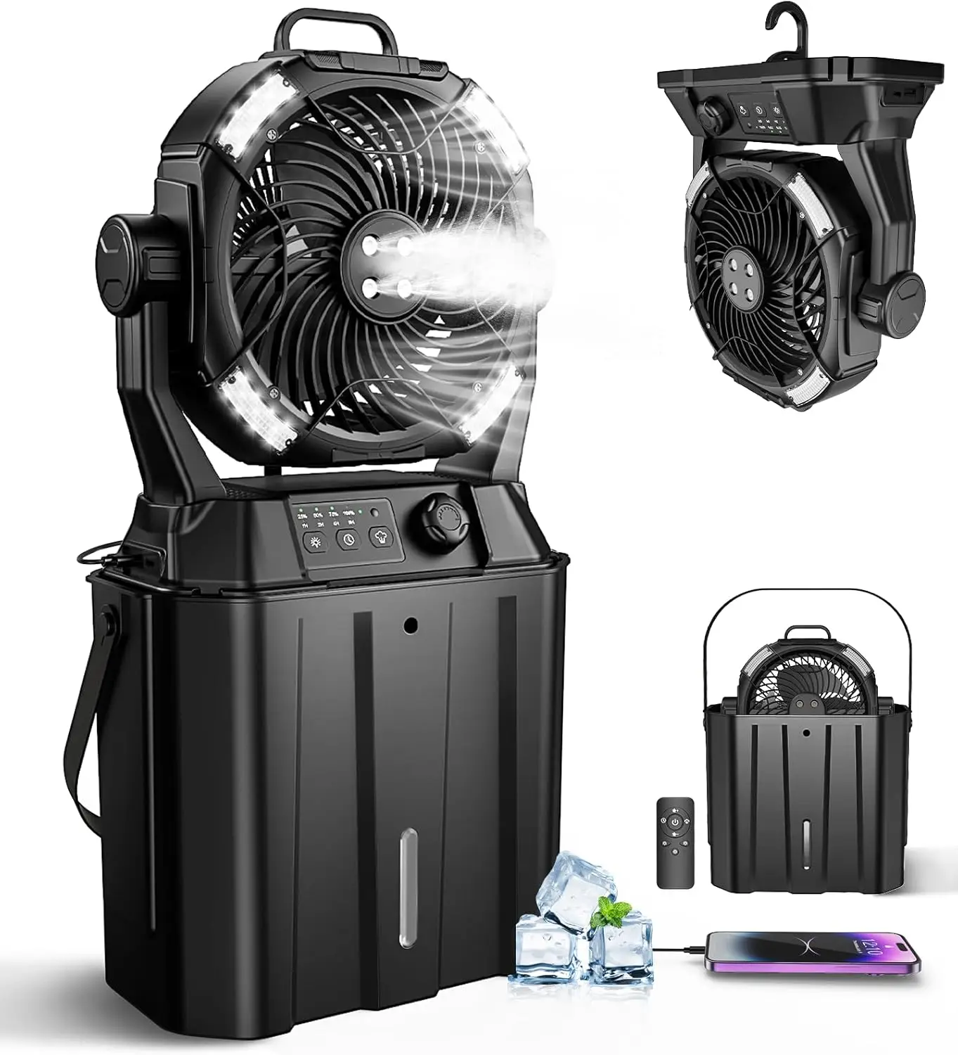 

Rechargeable Misting Fan with Remote, 4 Nozzles, 3 Lights, 4 Timers for Patio Camping