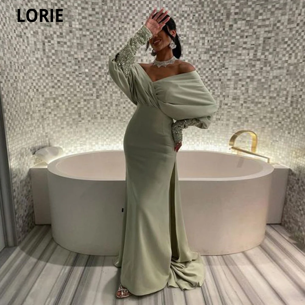 

LORIE Mint Green Mermaid V-neck Prom Dresses Long Sleeves Glitter Beadings Sequins Party Dresses Vestidos De Ocasión Formales