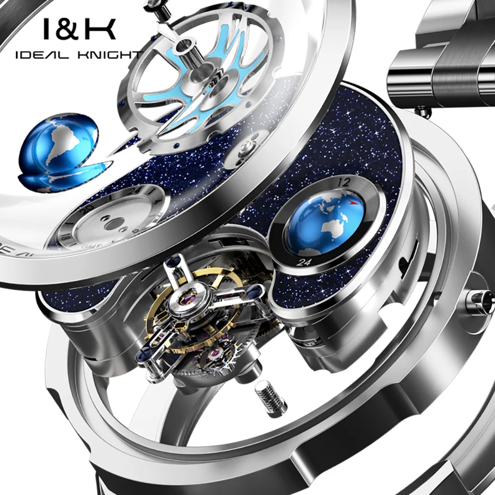 IDEAL KNIGHT 6805 Limited Edition Tourbillon Men Watch GMT Multi Time Zone Setting Men Automatic Mechanical Watch Hollow Watch