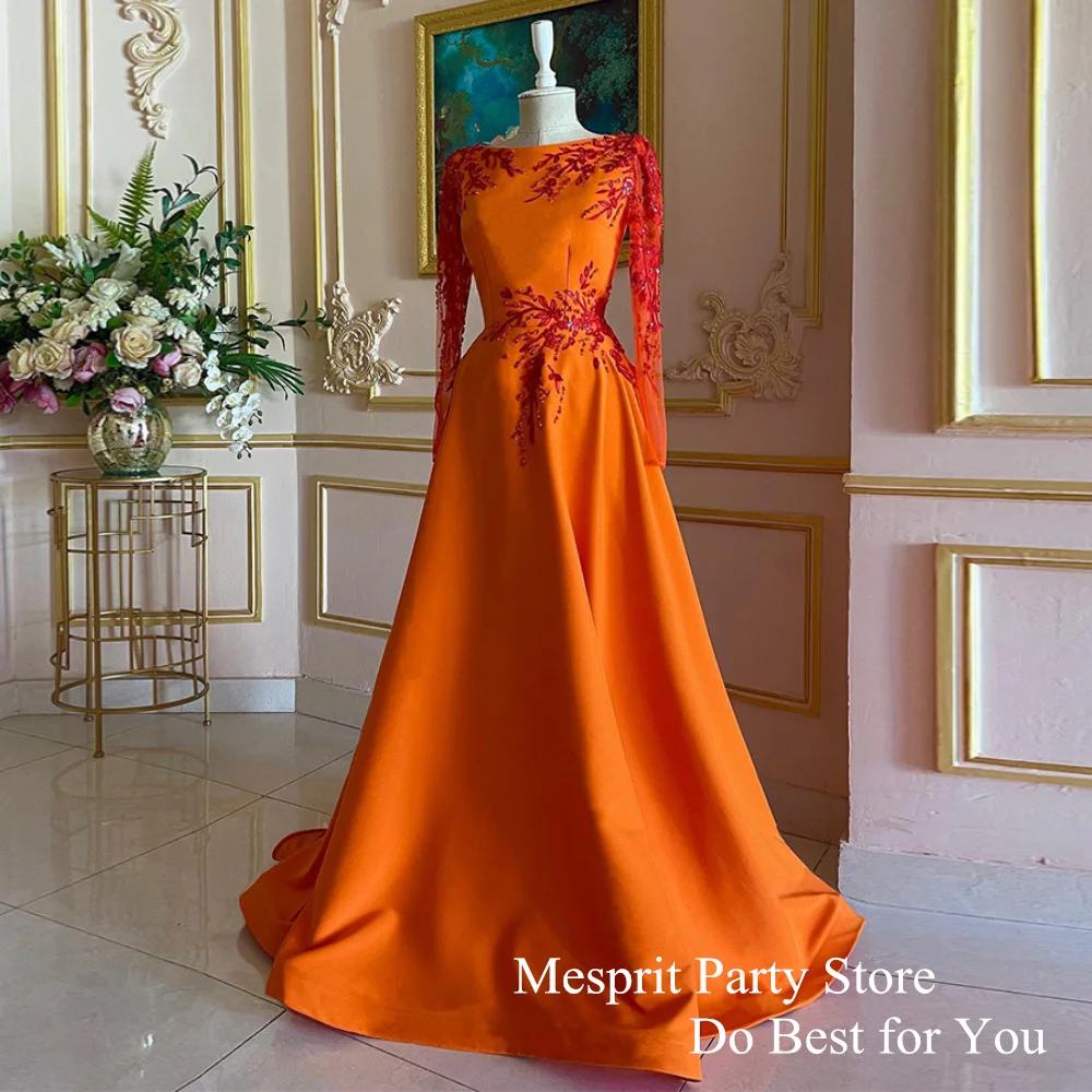 Orange Evening Dress Long Sleeves Beading Applique Scoop Neck Sweep Train A Line Satin Prom Gown Formal Party Dresses 2025