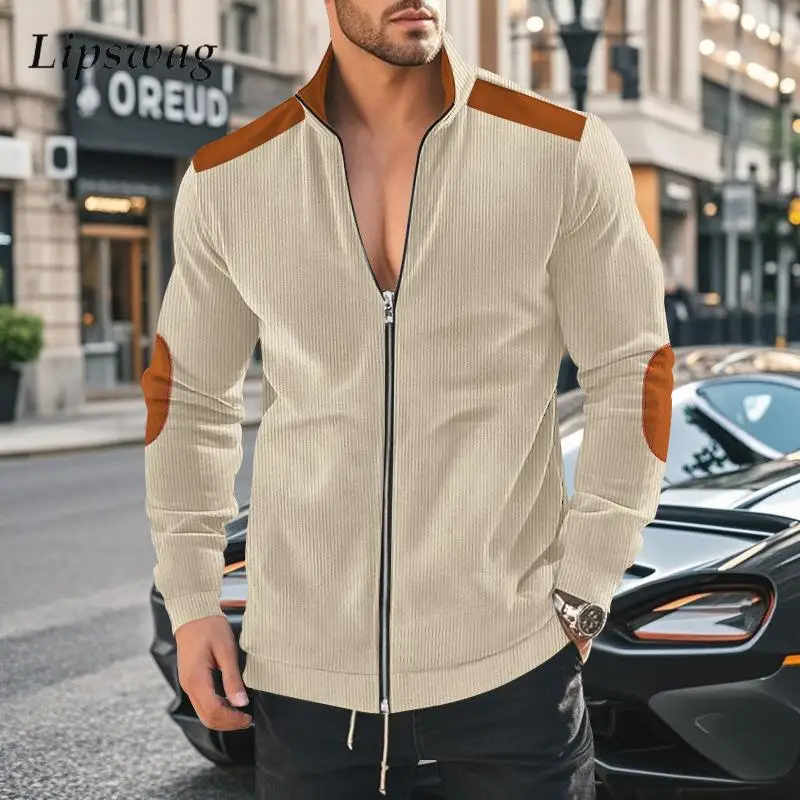 

2024 Fall Casual Mens Jacket Coat Vintage Stand Collar Zipper Corduroy Jackets For Men Trendy Contrast Color Patchwork Outerwear