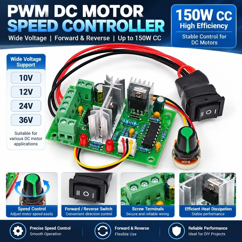 10V 12V 24V 36V DC Motor Speed Controller 150W CC PWM Controller Module Positive Inversion Switch Variable Speed Controller