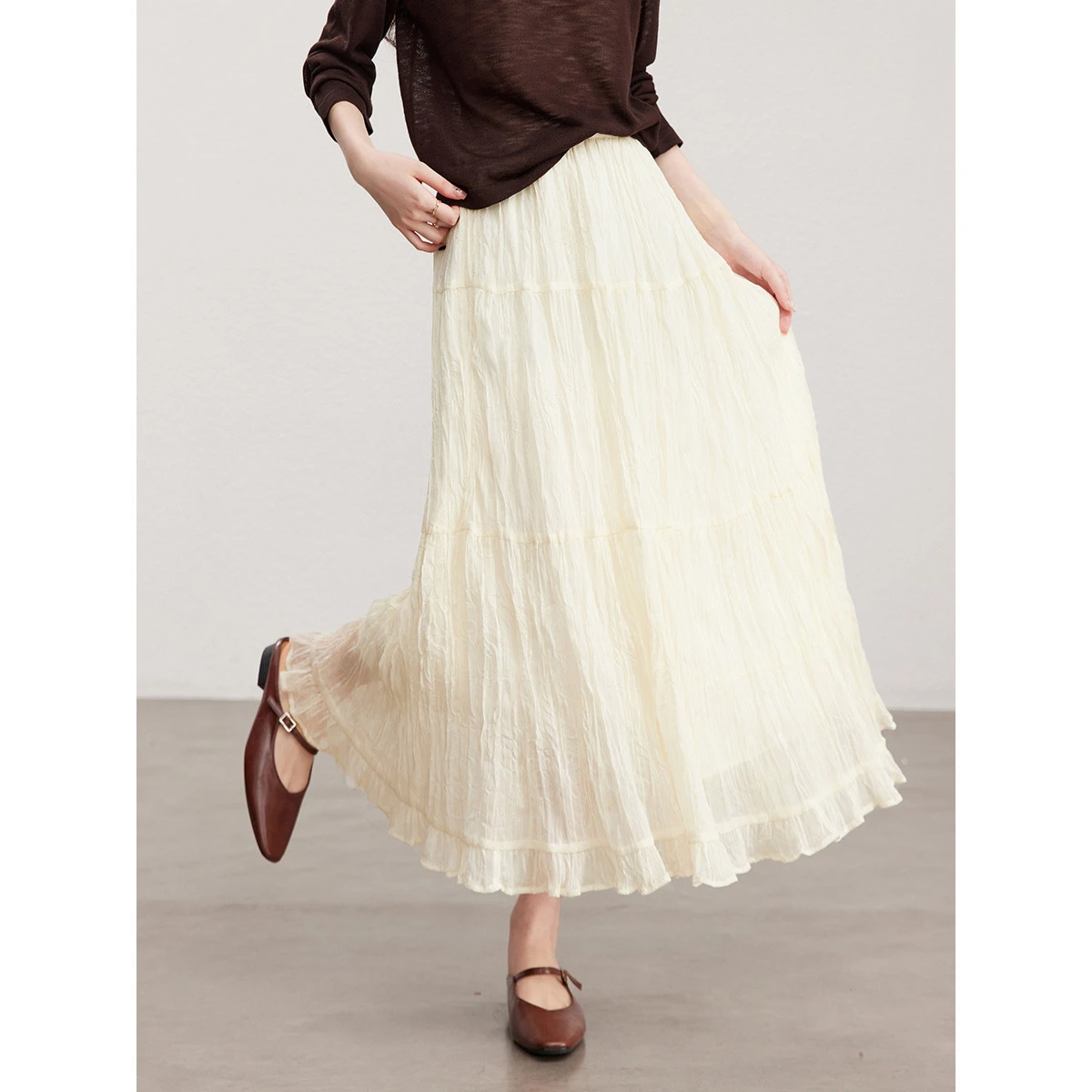 

Женская юбка VIMLY Elegance Apricot, новинка весны 2026, модная длинная юбка с рюшами и плиссировкой для отпуска, повседневная женская одежда A3885