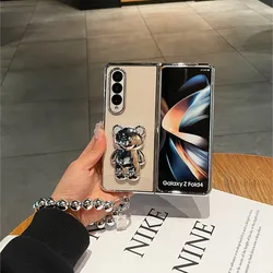 Silver Bracelet Plating Phone Case for Samsung Galaxy Z Fold 5 ZFold6 Bear Holder Stand Z Fold 4 ZFold 3 Transparent Hard Cover