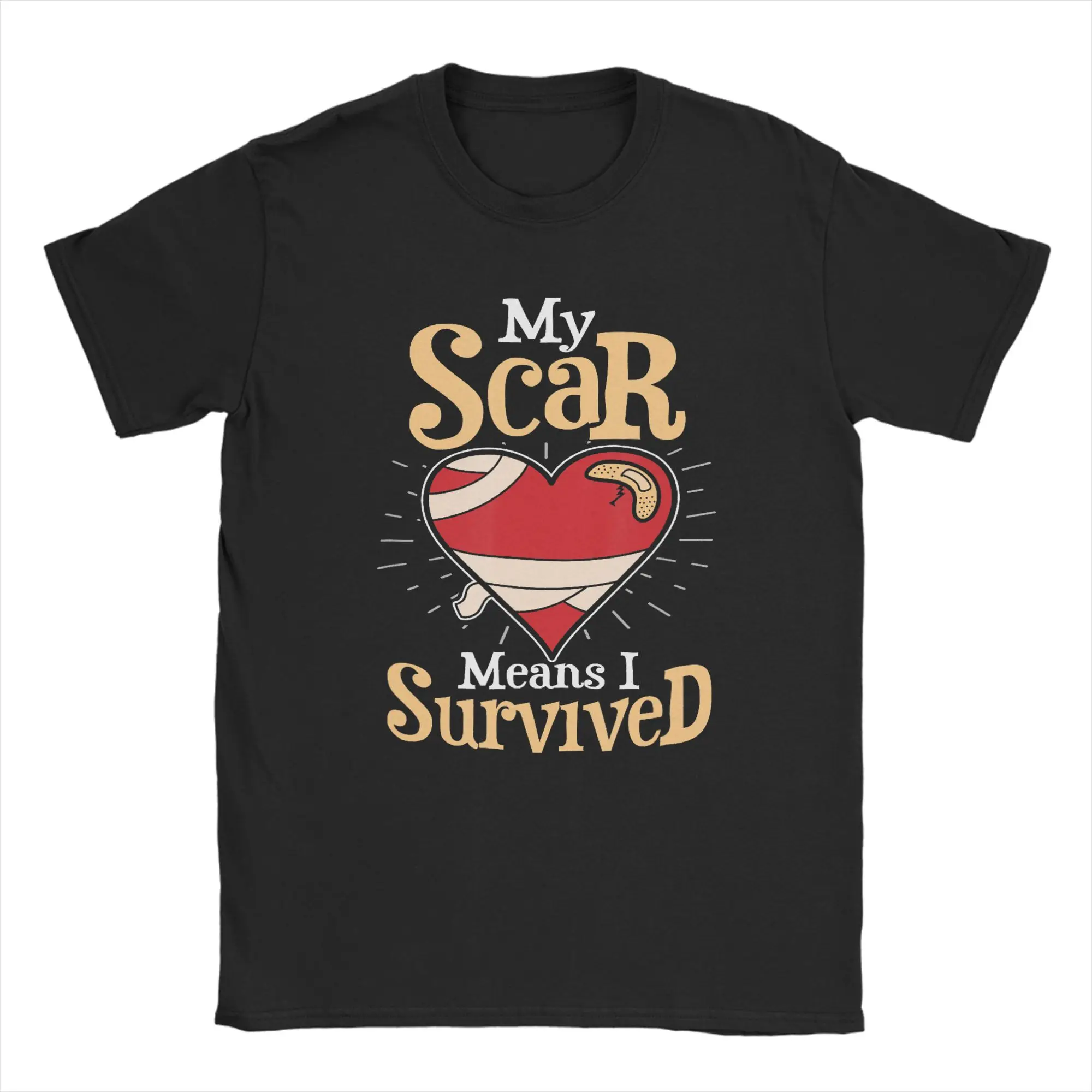 My Scar Means I Survived Heart  Men's T Shirt  Vintage Tee Shirt Short Sleeve Crew Neck T-Shirt 100% Cotton Printing Clothes