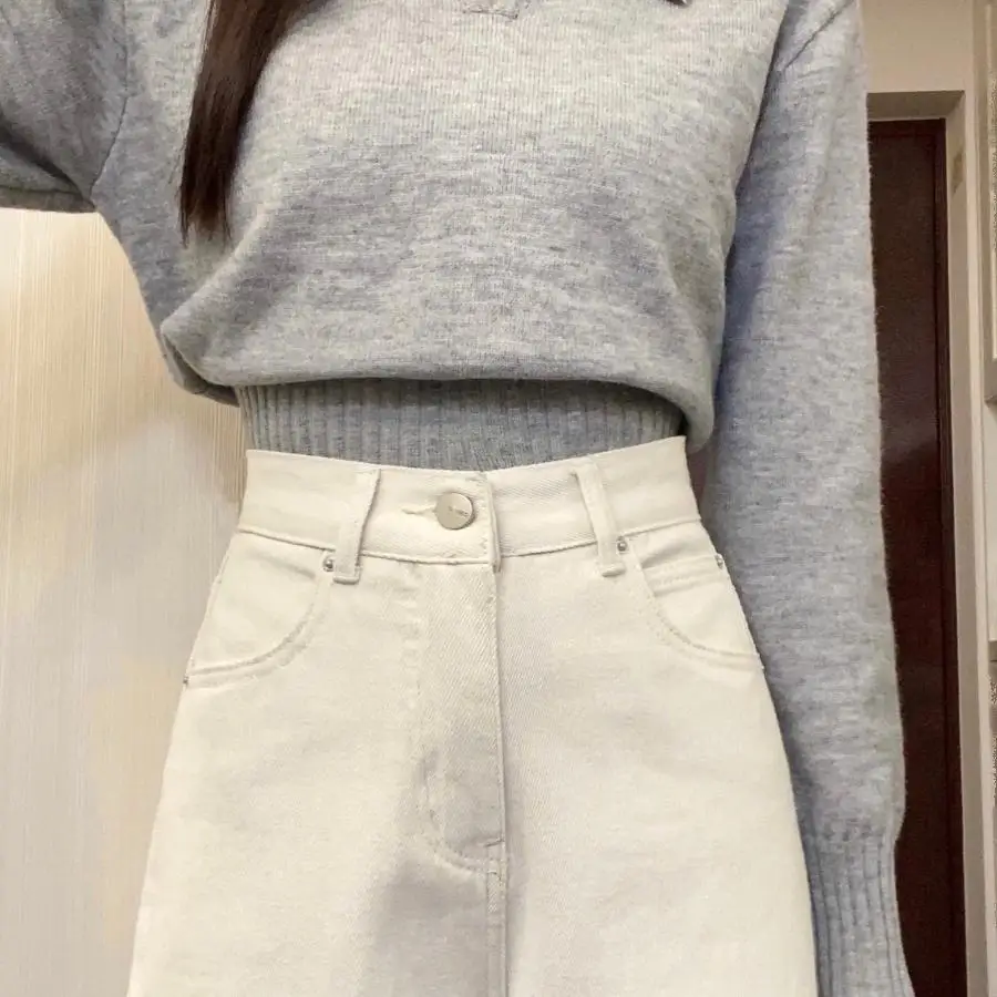 High Waist Straight Leg Jeans Women's Slim Fit Denim Pants White Fashionable Spring Autumn Long Trousers Floor-Length Wide Leg