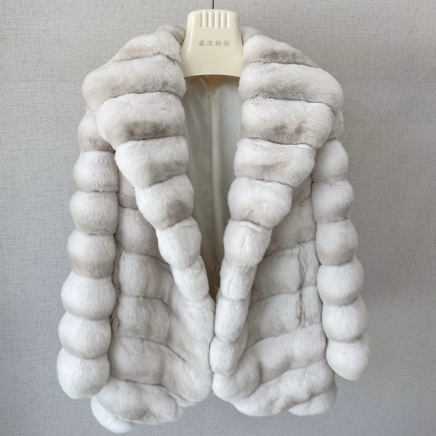 Chinchilla Fur Coats Real Rex Rabbit Fur Jacket Large Collar Best Seller Warm Winter Natural Rabbit Fur Coat