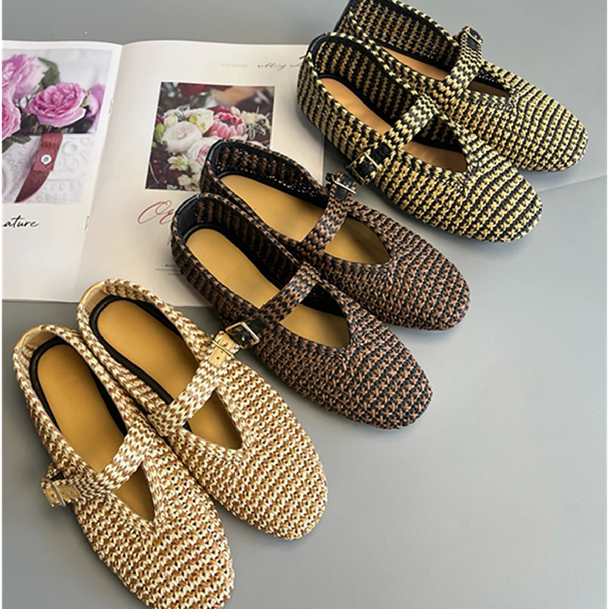 

Dave&Di Minimalist Hand-Woven Mary Jane Shoes Summer Raffia Comfortable Genuine Leather Flat Shoes Loafers Women