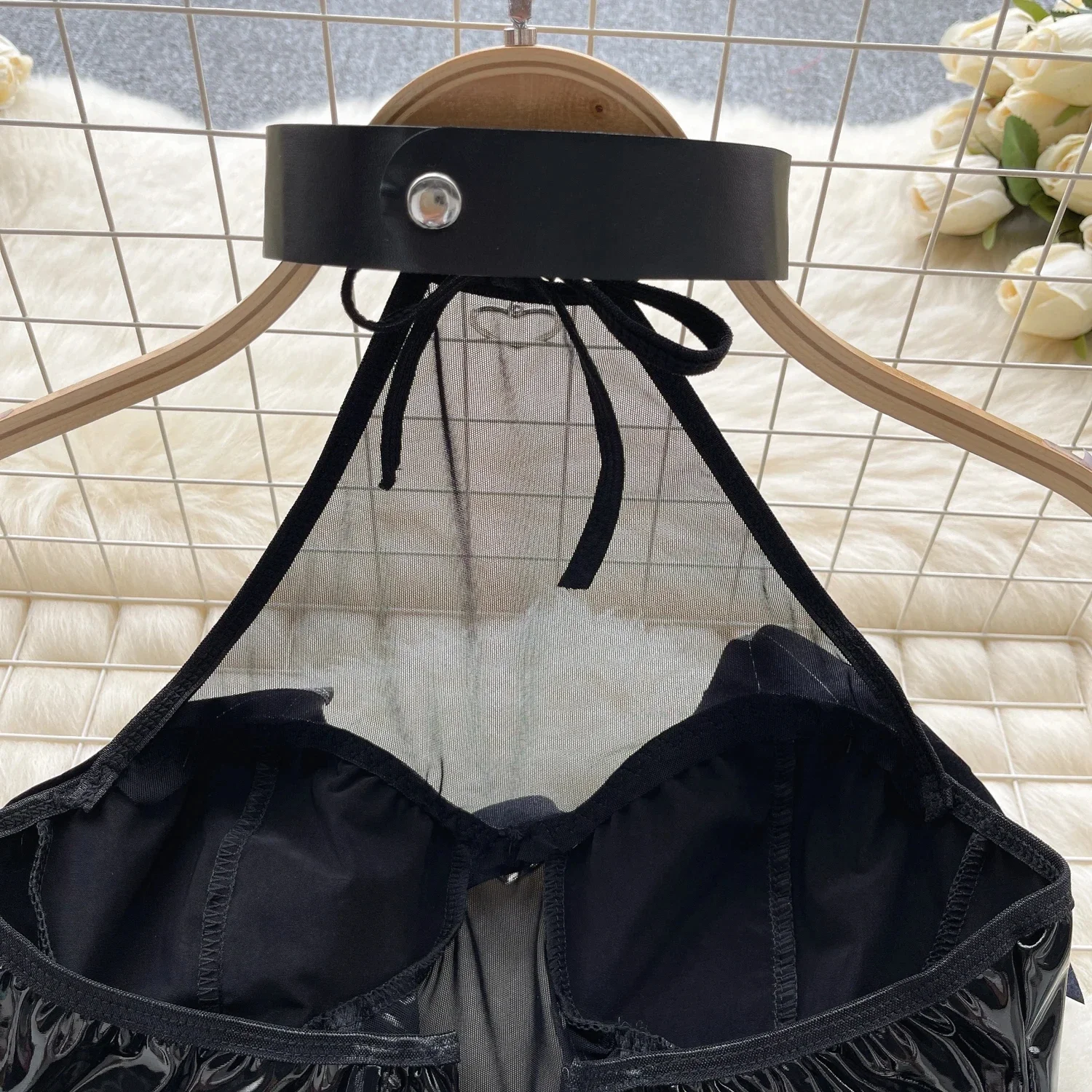 فستان أسود للنساء من جلد البولي يوريثان فستان مثير برباط على شكل حرف A ثونج شفاف بدون ظهر ملابس نوم إباحية صغيرة فستان ساخن نحيل #4