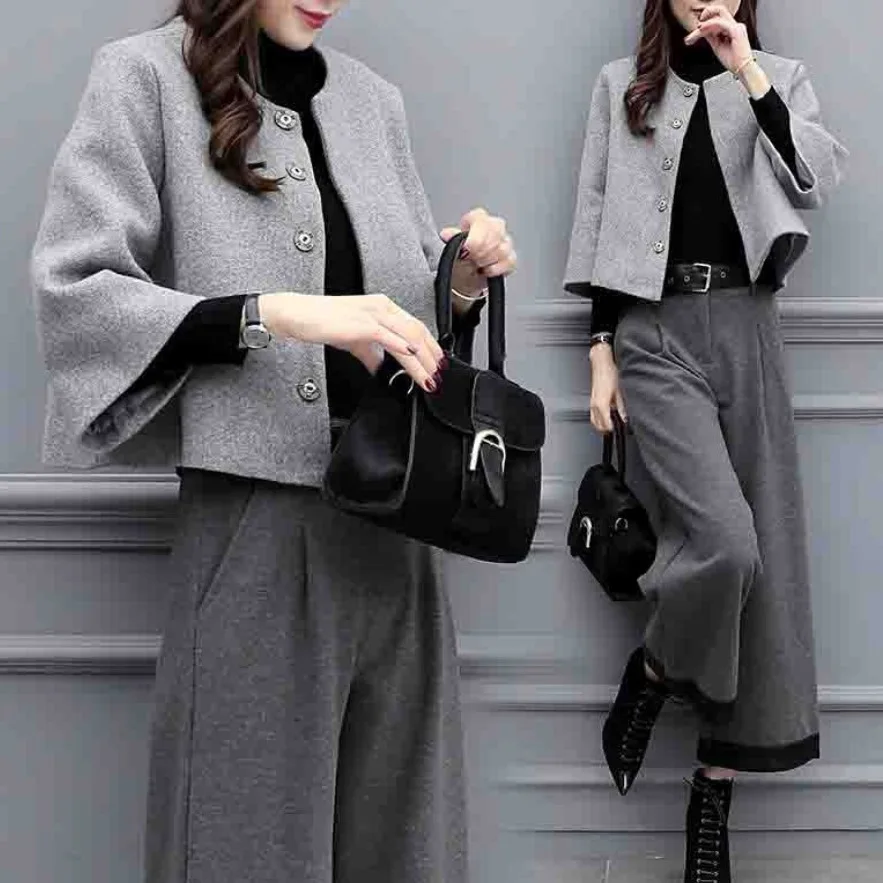 

New 2025 Women's Autumn Winter Large Size Two-Piece Suit Woolen Short Coat Wide Leg Pants Casual Fashion Set Trendy