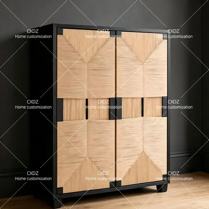 Rattan Chest Medieval Woven Solid Wood Dining Side Cabinet Black Porch Storage Cabinet Double Door Cupboard for Home Entryway