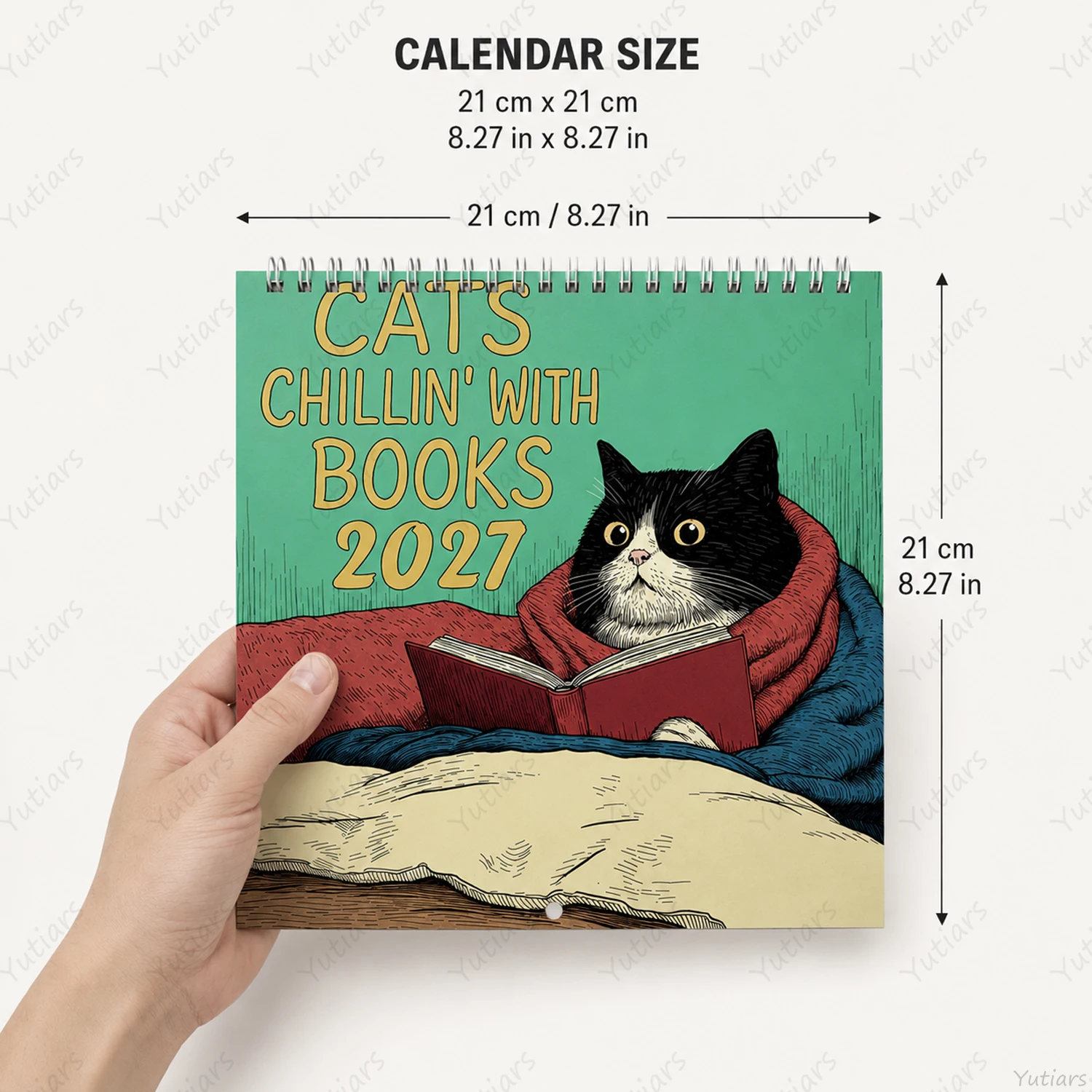 2027 Cat Wall Calendar 21cm Square Cute Cats Reading Books Monthly Planner Spiral Hanging Calendar for Home Office Decor