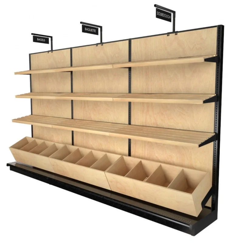 

custom.Keway Wooden Gondola Shelving Wall Unit With Slatted Shelves & Bins Supermarket Island Display Racks Food Display