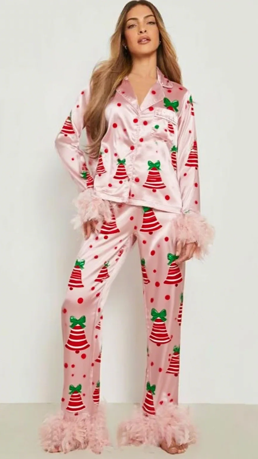 طقم بيجامة عيد الميلاد الفاخر مع ريشة عادية كم طويل زر حتى طية صدر السترة طوق بلوزات وسراويل تناسب ملابس النوم النسائية المطبوعة