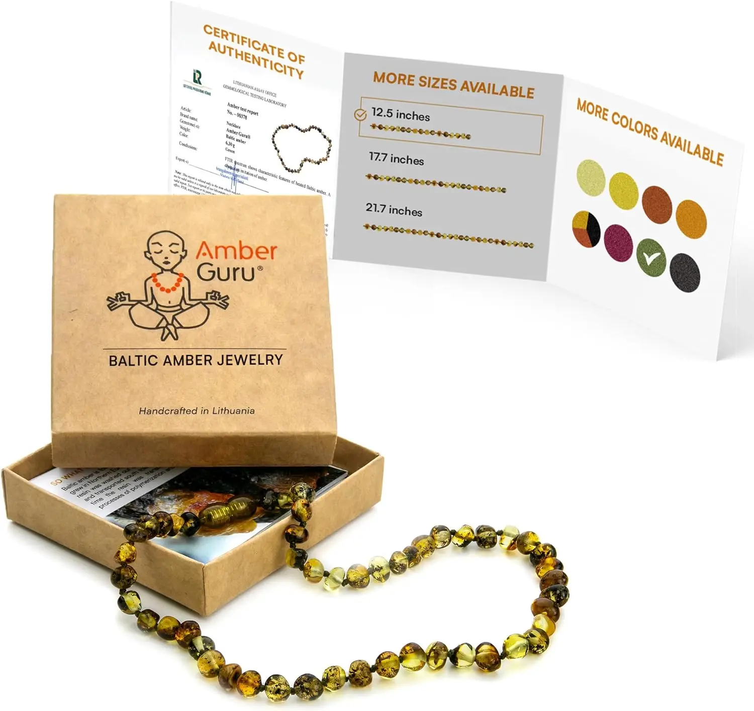 

Ожерелье из балтийского янтаря Amber Guru (подлинное, сертифицированное) - 12,5 дюймов - Унисекс украшение - Полированные бусины из натурального янтаря - Proud to D