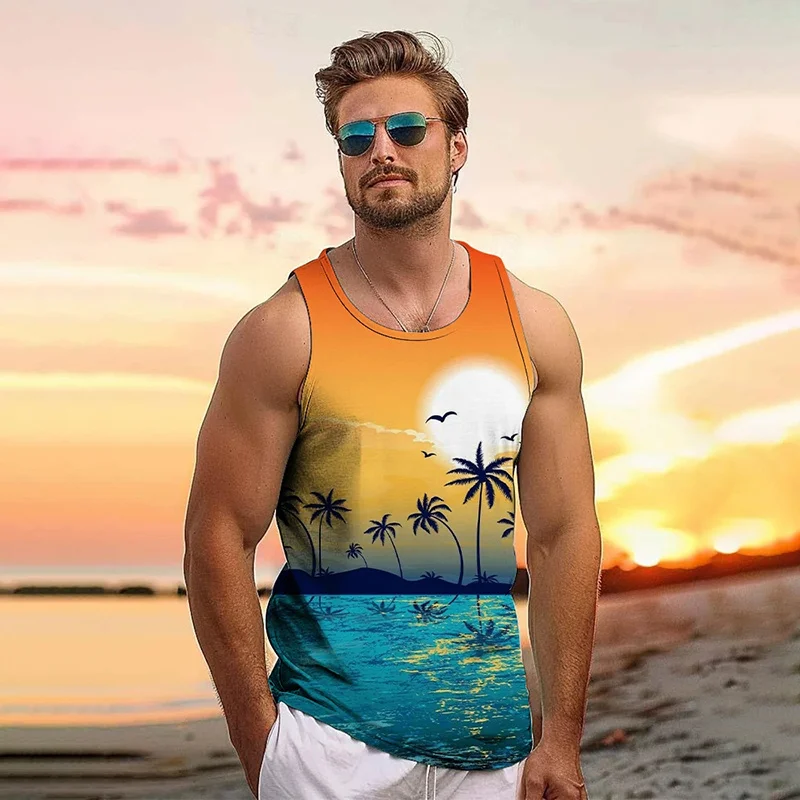 Harajuku Summer 3D New Tropical Leaves Printed Tank Top Men Coconut Trees Graphic Tank Tops Fashion Cool Streetwear Vest Clothes