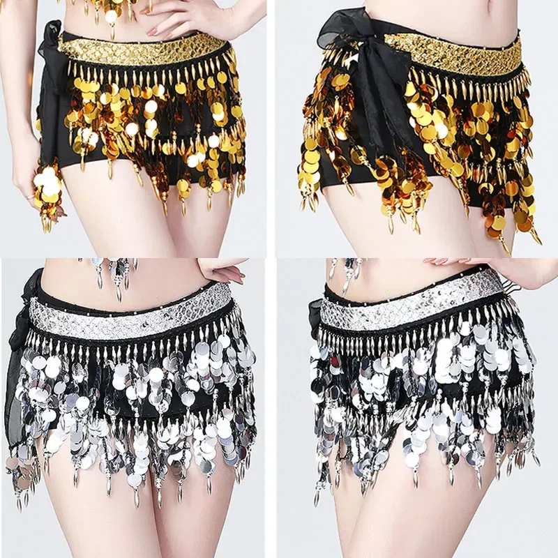 

2024 Sequins Women Belly Dance Hip Scarf Practice Lesson Wear Fringe Waist Belt Rave Outfit Wrap Towel Stage Costume Clothing