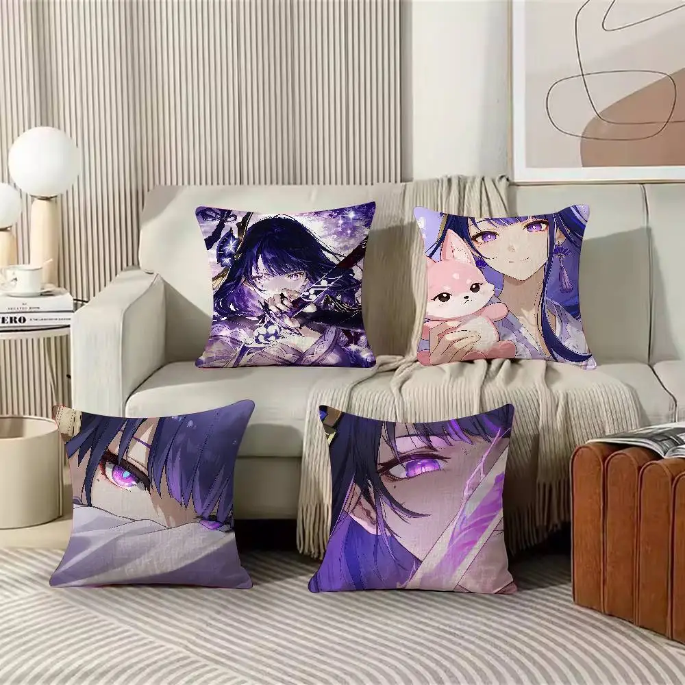 Cute Girl Raiden Shogun Pillow Case, Genshin Impact Game Throw Pillow Cover Soft Fabric Cushion Cove Sofa Bedroom Home Decor