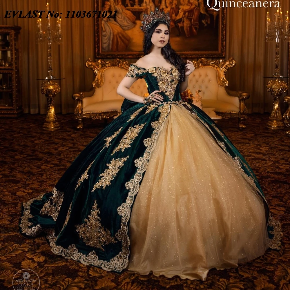 EVLAST disesuaikan gaun hijau Quinceanera gaun bola renda emas Applique manik-manik beludru korset manis 16 Vestidos De 15 Anos SQ705