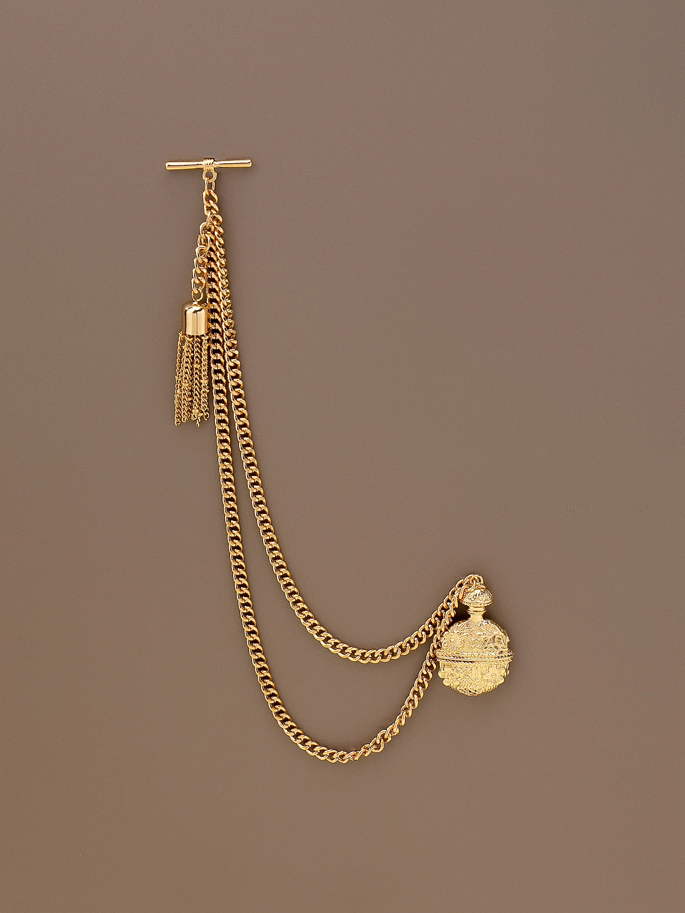 1 Vintage-Style Gold Pocket Watch Chain with Carved Perfume Bottle Pendant and Tassel Decoration Design, Suitable as a Fashion Accessory for Men's and Women's Shirts, Vests, and Blazers