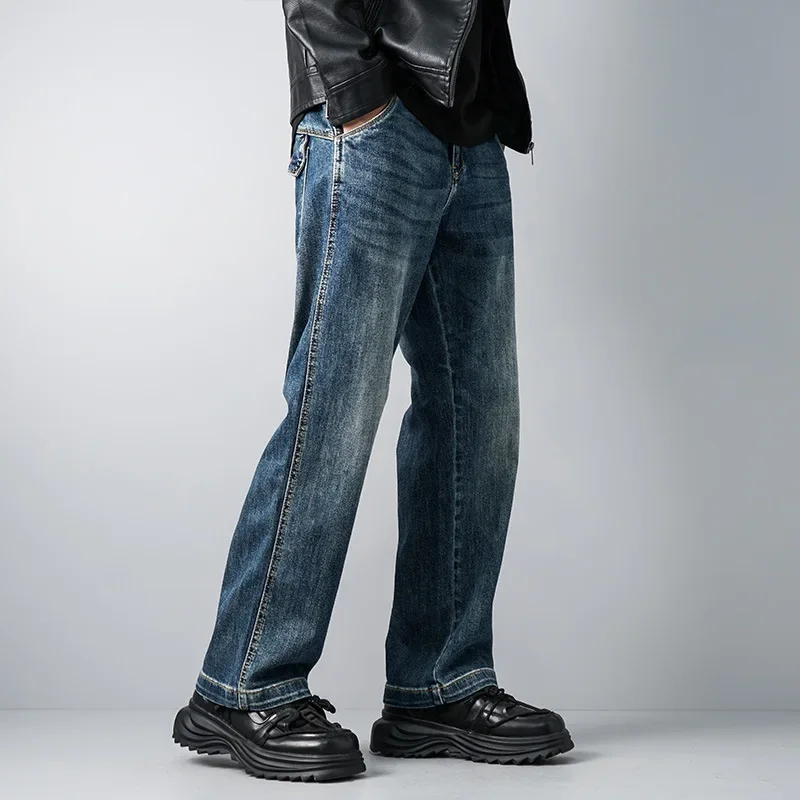 

Pop New Fashion Men's American Vintage Casual Loose Washed Dark Blue Straight Wide Leg Denim Trousers Male Streetwear