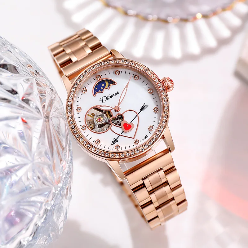 Stainless alloy Sun-Moon-Star Skeleton Tourbillon Luminous Waterproof Self-Wind Automatic Exquisite watch for Women