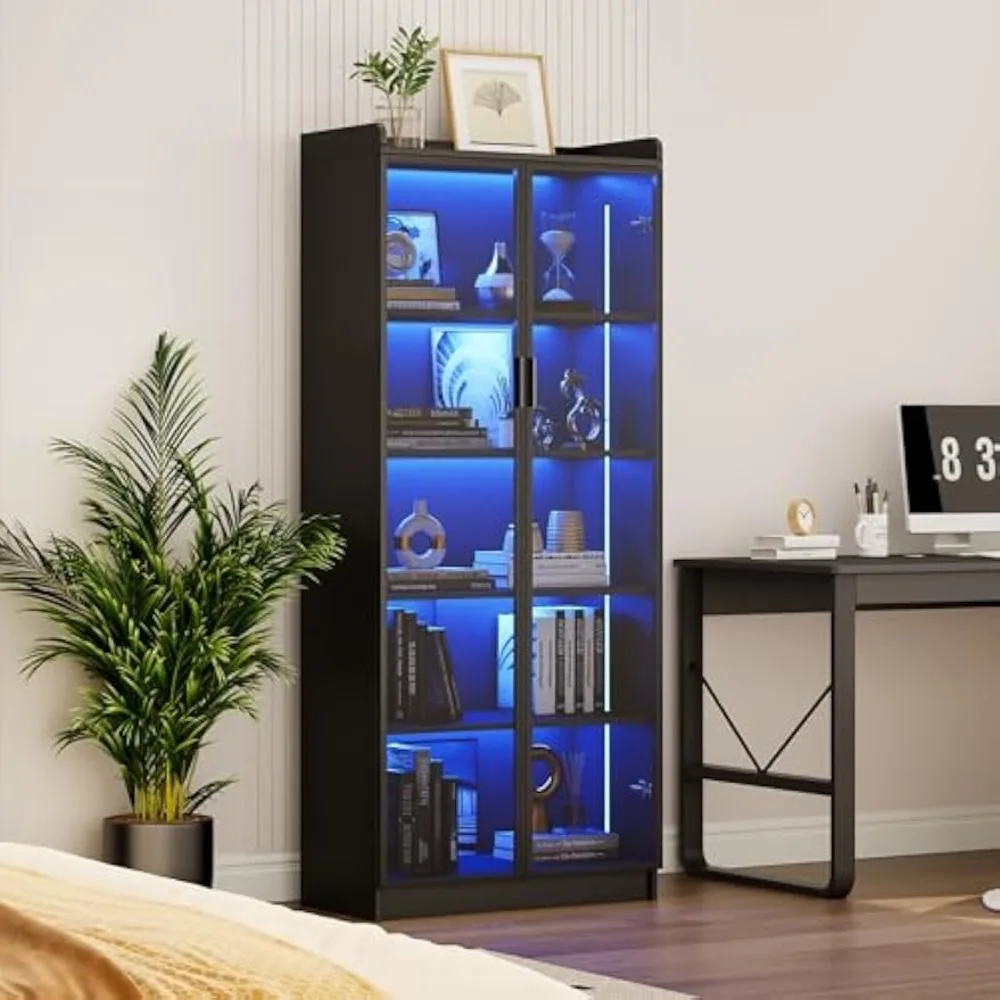 Vitrine avec Portes et Étagères Réglables, Bibliothèque de 65 Pouces de Haut avec Lumières LED/Capteur Humain, Bibliothèque à 5 Niveaux