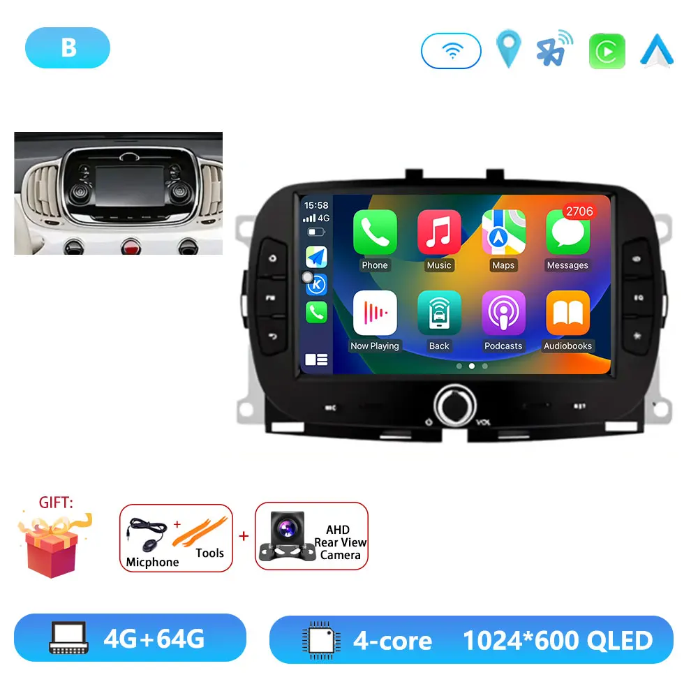 Android15 Voor Fiat 500 2016-2019 Autoradio Multimedia Speler Video Navigatie Carplay Stereo GPS WIFI DSP Carplay Android auto