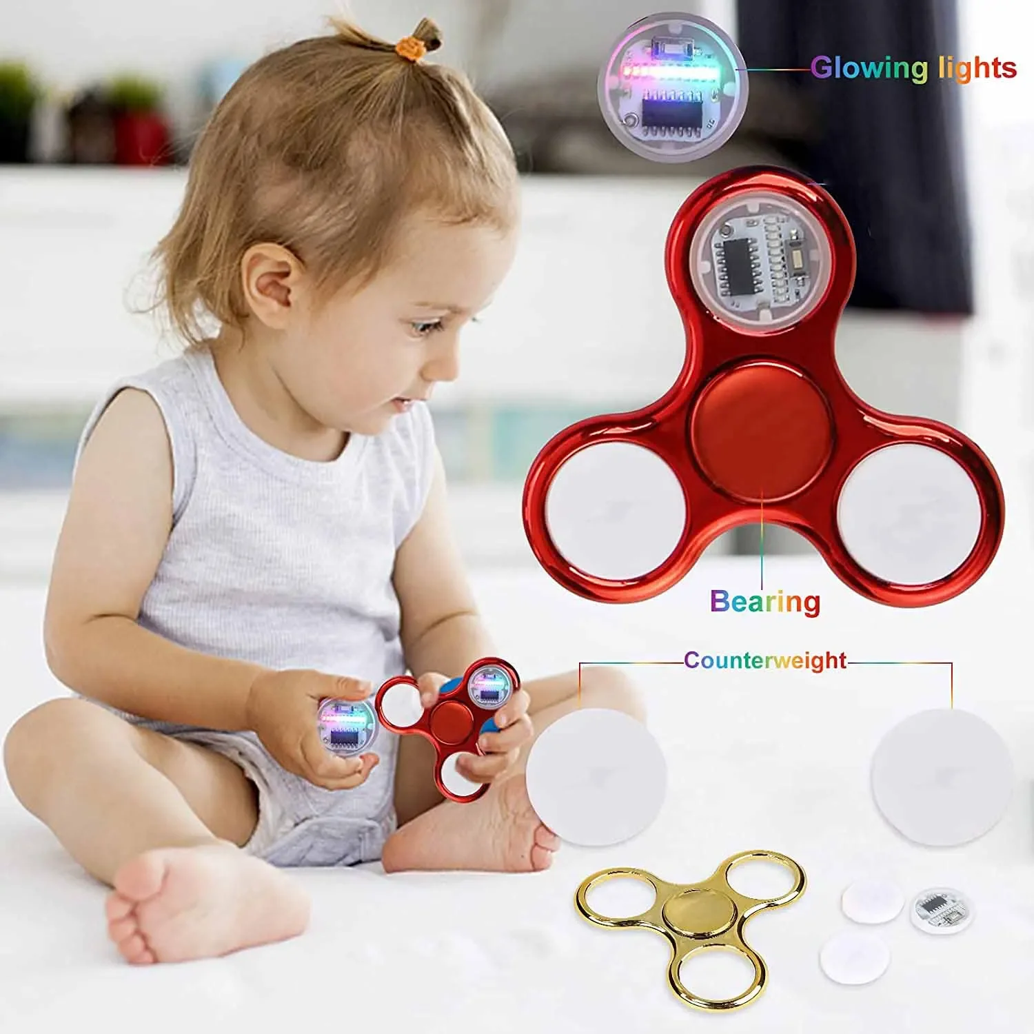 Fidget Spinner lumineux à lumière LED créative, 6 couleurs, changements de main, Golw dans la nuit, jouets anti-Stress pour enfants