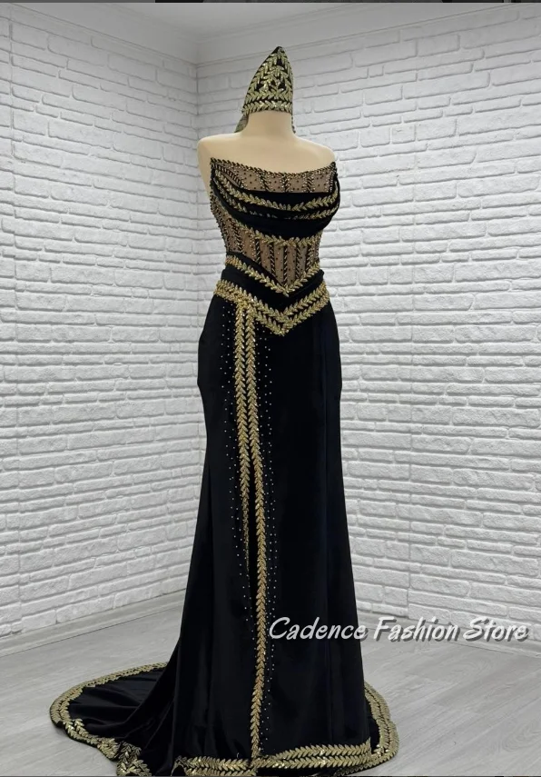 Preciosos vestidos de fiesta tradicionales negros personalizados, chal de tubo, vestido de noche árabe con cuentas de lujo para mujer, caftán