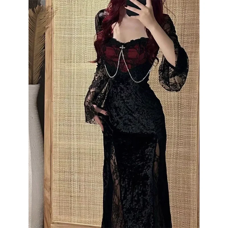 Korean Style Lace Splice Design Sensual Midi Dress Women's Slim Fit Summer New Pure Desire Fashion Dress Female Dresses