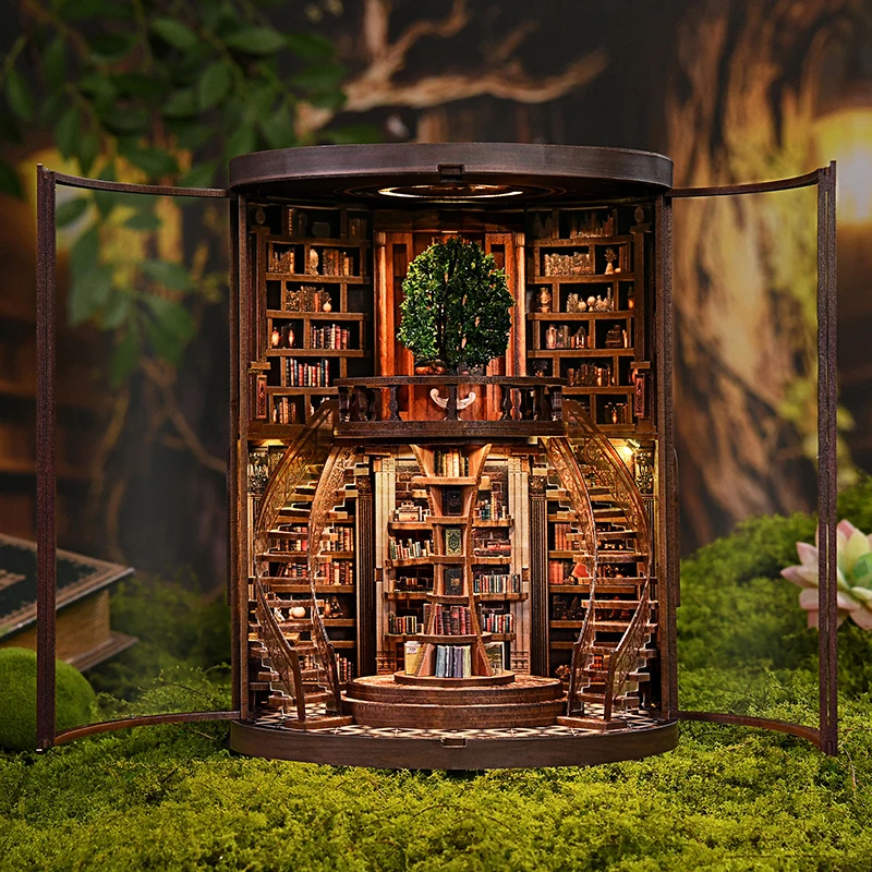 DIY Wooden Wisdom Rings Book Repository Book Nook Shelf Insert Kits Miniature Model Kit Bookend for Friends Birthday Gifts