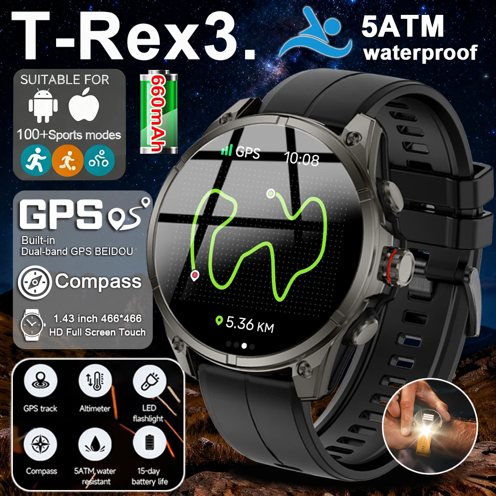 

2026 Outdoor Sports Smartwatch Men GPS trackr 5ATM Flashlight 1.43" HD AMOLED Display Screen Bluetooth Call Fitness Smart Watch