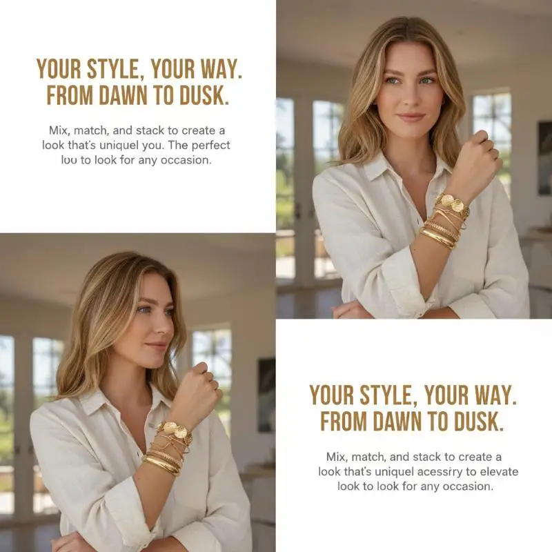 Ladies Gold Multilayer Stackable Bracelet Set With Textured Disc Wave Bangles For Night Out Or Everyday Style