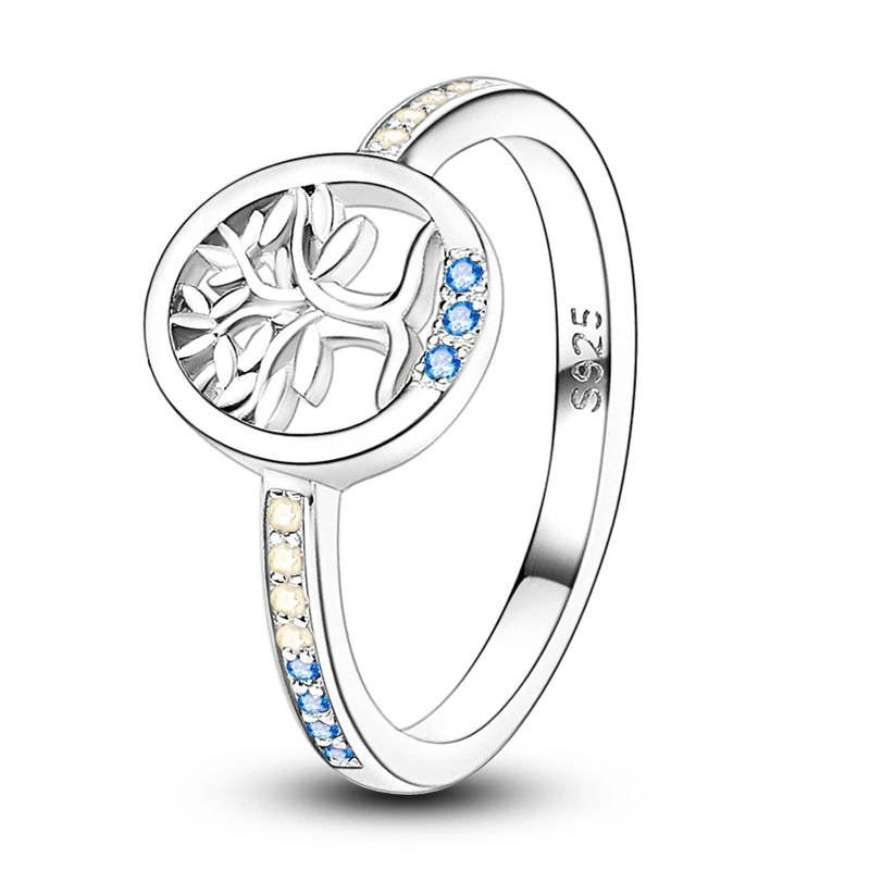 New Ring 925 Sterling Silver Tree of Life Blue Green Stone Inlay Rings For Women Girls Birthday Anniversary Jewelry Gifts
