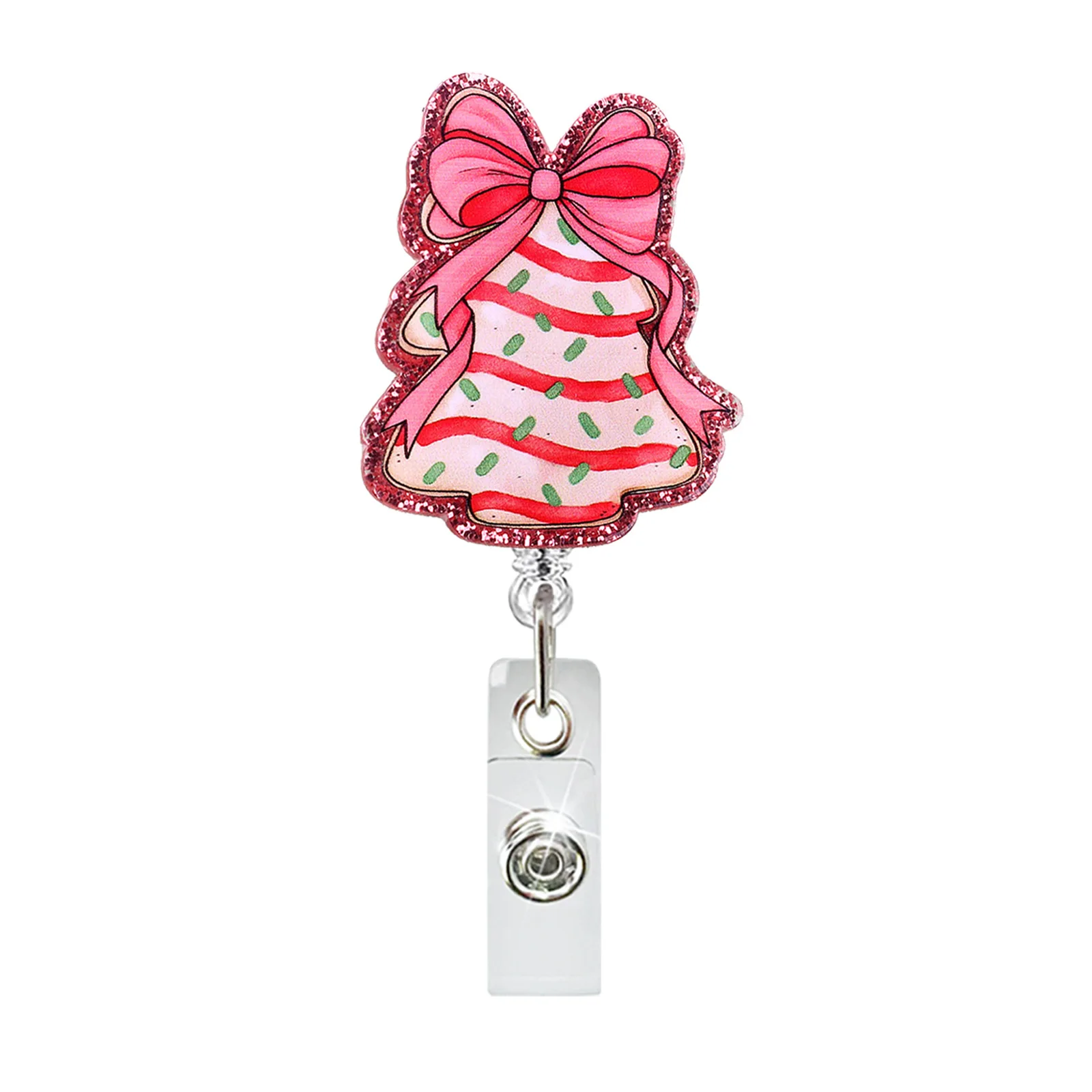 Acrylic Glitter Pink Christmas Bow Tree Retractable Badge Reel Name Tag Alligator Clip Medical ID Badge Holder Gift for Nurse
