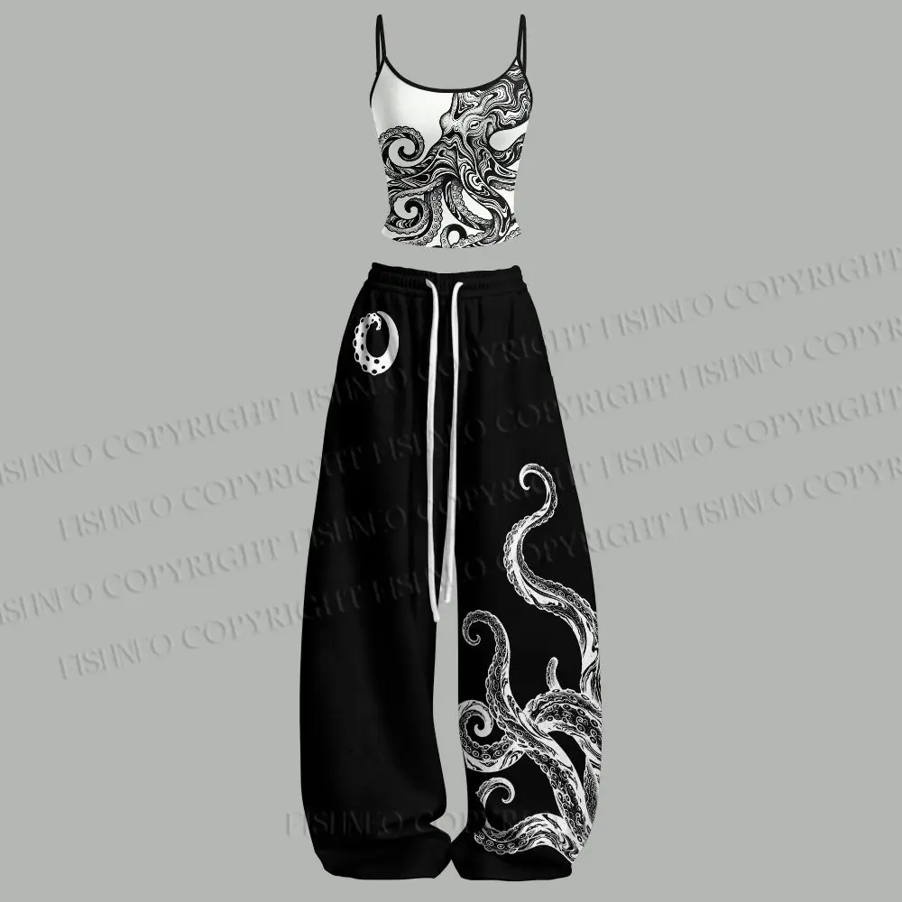 Black And White Octopus Top Elasticated Trousers Two Piece Set Outfit Yoga Fitness Women Suit