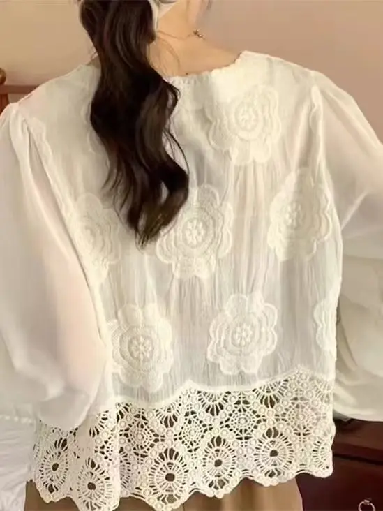 2025 Autumn New Women's V-Neck Lace Chiffon Cardigan Boho Flower Embroidery Sun Protection Beach Top