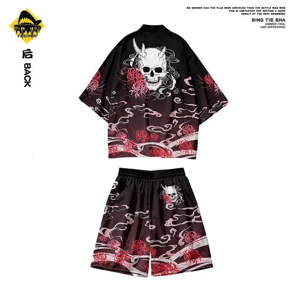 Women Men Haori Yukata Casual Loose Black Skeleton Print Cardigan Kimono Summer Beach Streetwear Traditional Samurai Clothes