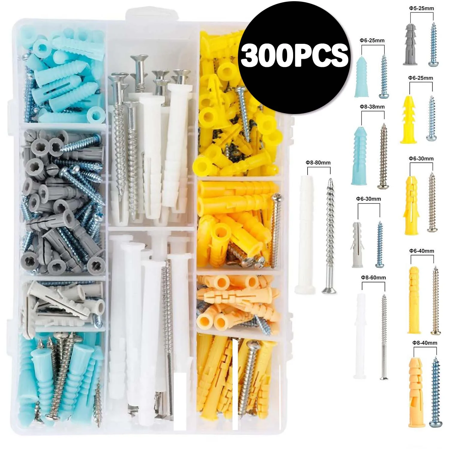 300PCS Drywall Anchors and Screws Assortment Kit , Plastic Wall Anchors and Philips Flat Head Screws and Wall Plug Bolts