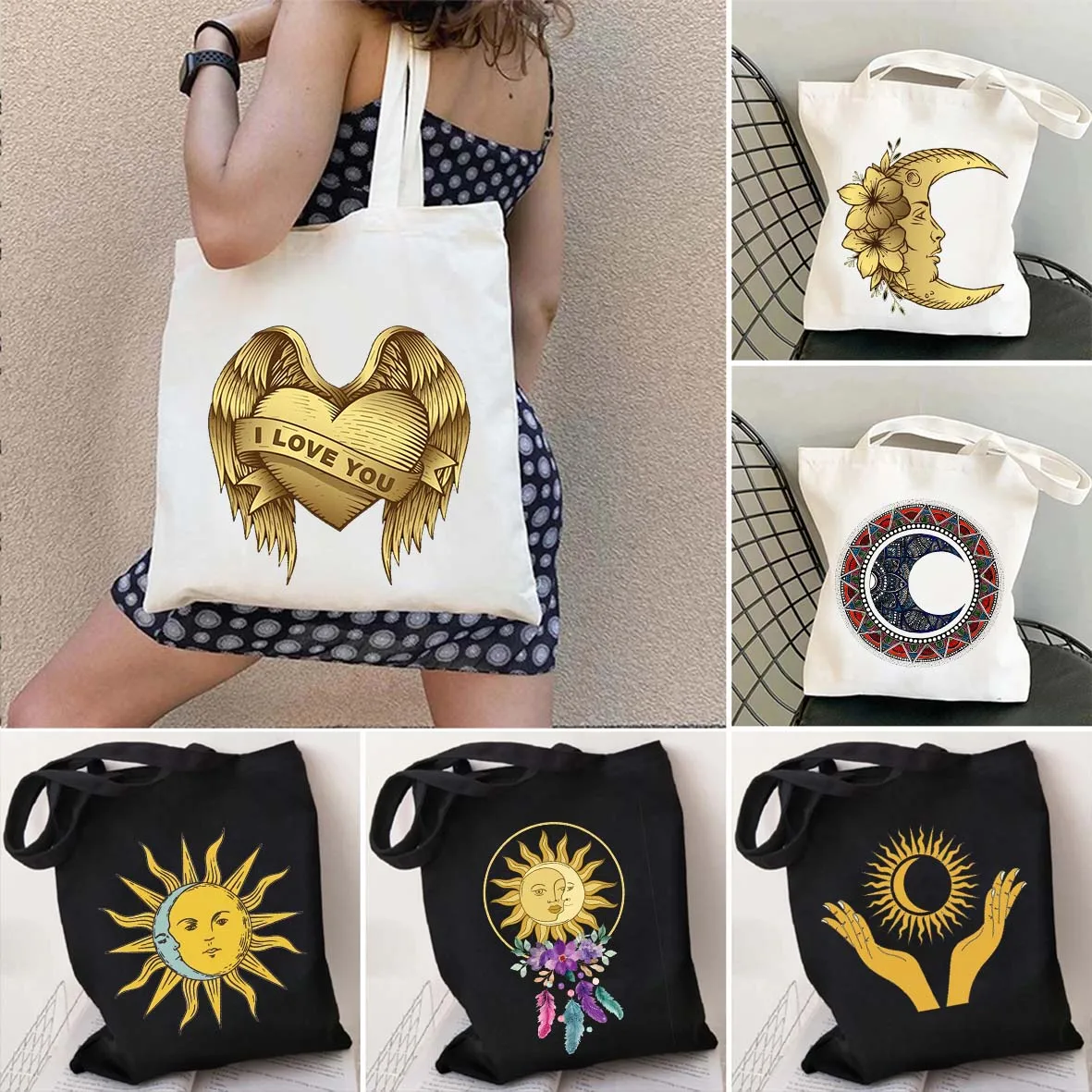 

Bohemian Aesthetic Gothic Celestial Eye Tarot Sun and Moon Star Wing Heart Flower Cute Canvas Shopper Tote Bag Shopping Handbags